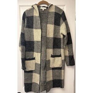 Monteau Los Angeles Hooded Cardigan Sweater Charcoal Gray /Cream Checker size XS